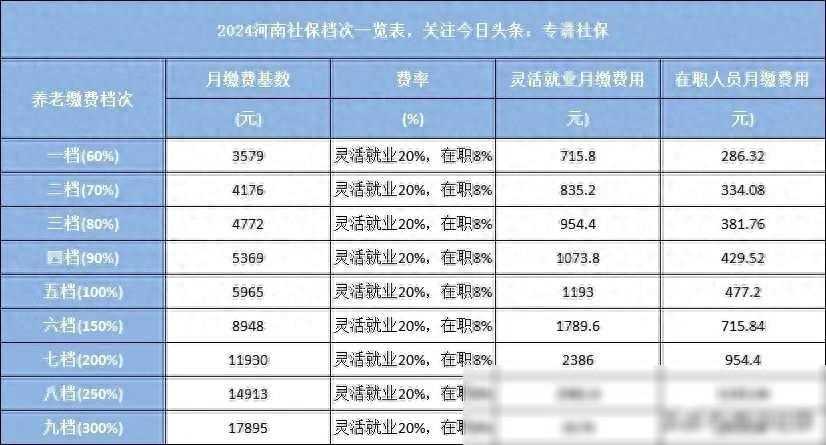 2024河南社保档次一览表，附待遇计算